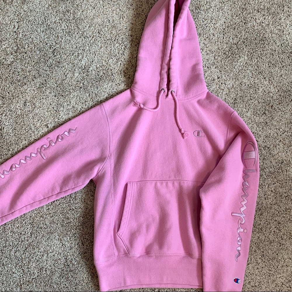 UO Pink Champion Script Reverse Weave Hoodie